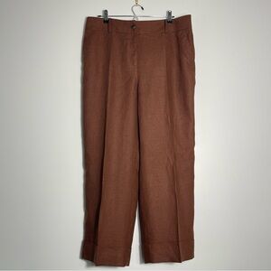 TALBOTS 100% Linen Brown Pants Wide Leg Cuffed Hem EUC Size 14